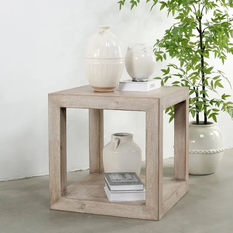 Mesa auxiliar cuadrada Peking Grand con marco, 55,88 cm de alto, acabado blanco envejecido