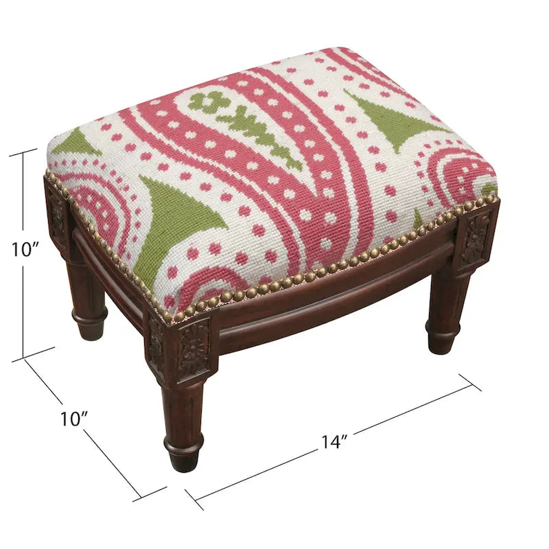 Taburete de reposapiés de tapicería con estampado paisley rosa y verde