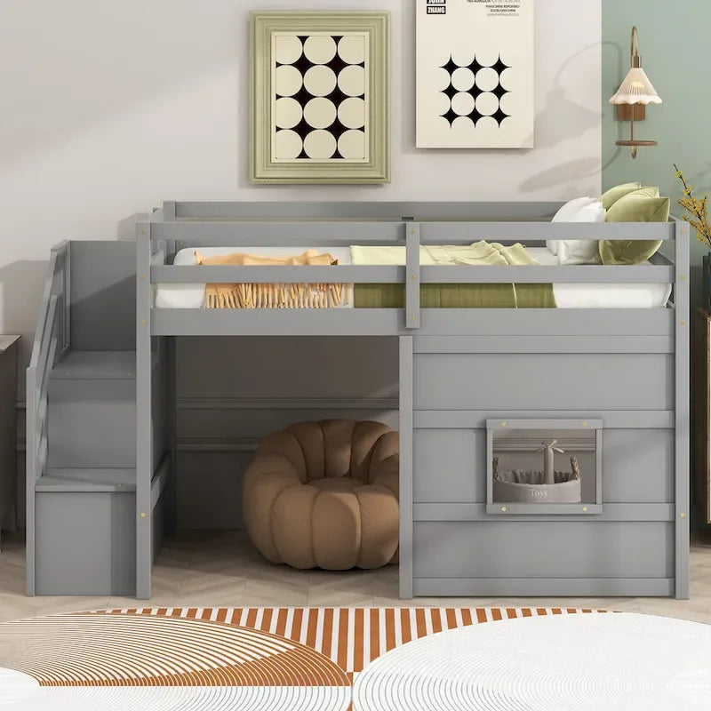 Cama alta individual con escalera de almacenamiento y ventana, gris