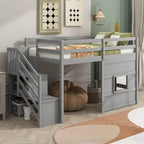 Cama alta individual con escalera de almacenamiento y ventana, gris