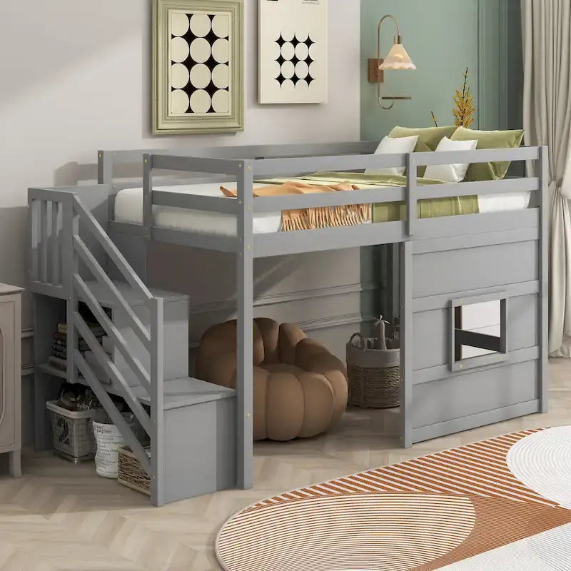 Cama alta individual con escalera de almacenamiento y ventana, gris