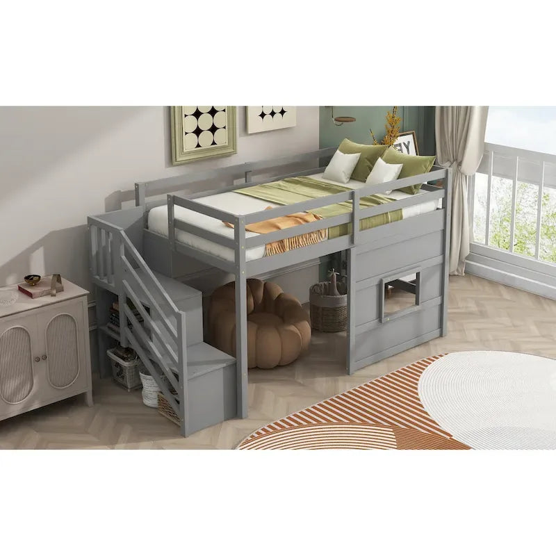 Cama alta individual con escalera de almacenamiento y ventana, gris