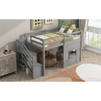 Cama alta individual con escalera de almacenamiento y ventana, gris