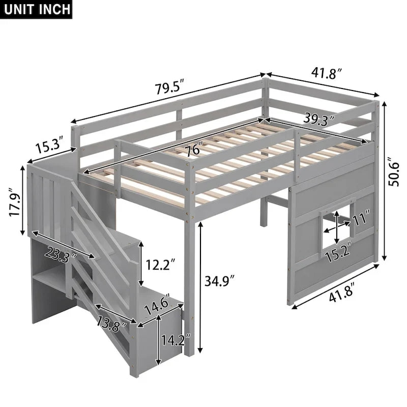 Cama alta individual con escalera de almacenamiento y ventana, gris