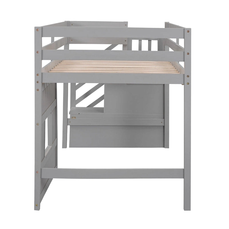Cama alta individual con escalera de almacenamiento y ventana, gris