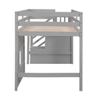 Cama alta individual con escalera de almacenamiento y ventana, gris
