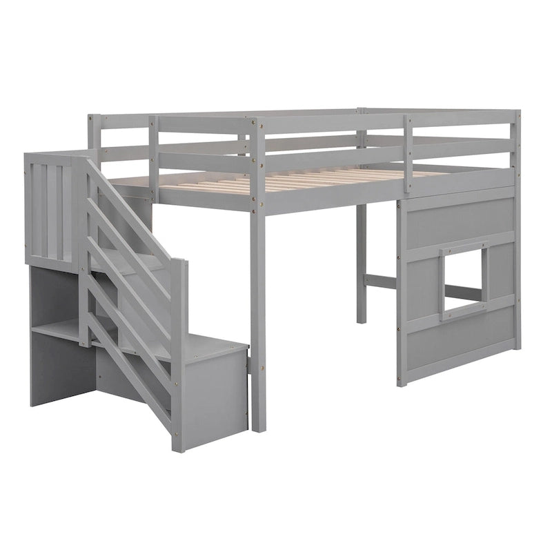 Cama alta individual con escalera de almacenamiento y ventana, gris