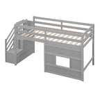 Cama alta individual con escalera de almacenamiento y ventana, gris