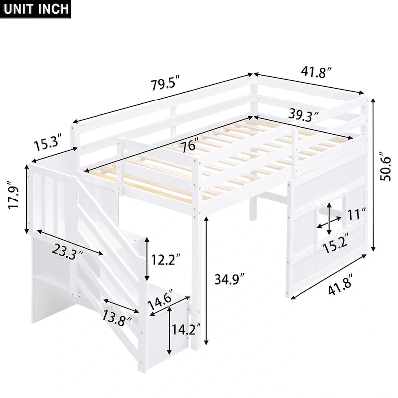 Cama alta individual con escalera de almacenamiento y ventana, gris