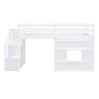 Cama alta individual con escalera de almacenamiento y ventana, gris
