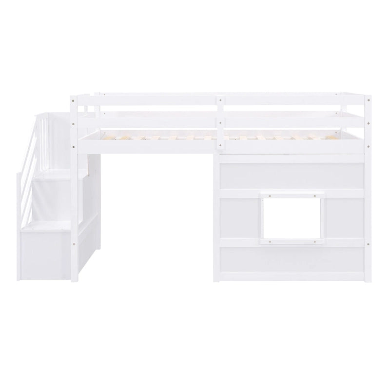 Cama alta individual con escalera de almacenamiento y ventana, gris