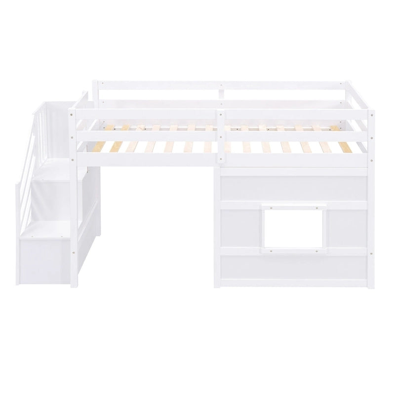 Cama alta individual con escalera de almacenamiento y ventana, gris