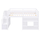 Cama alta individual con escalera de almacenamiento y ventana, gris