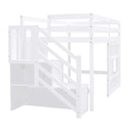 Cama alta individual con escalera de almacenamiento y ventana, gris