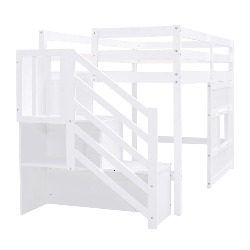 Cama alta individual con escalera de almacenamiento y ventana, gris