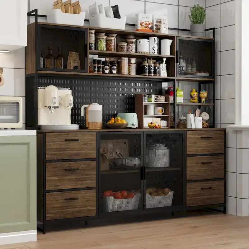 Large Kitchen Hutch Cabinet,Pantry with Metal Doors&6 Drawers&Shelves - 70.9W