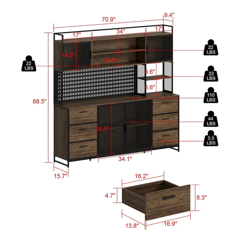 Alacena de cocina grande, despensa con puertas de metal y 6 cajones y estantes - 70.9 pulgadas de ancho