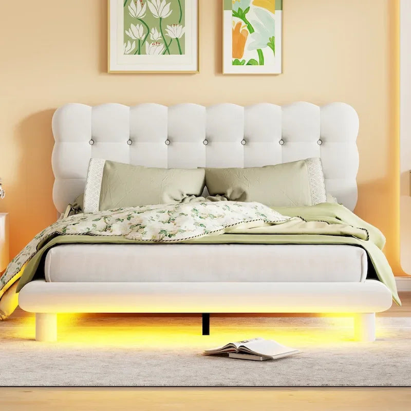 Cama Plataforma Queen Size de Terciopelo con Marco LED, Tela Gruesa y Suave y Cabecero con Diseño Capitaneado