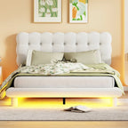 Cama Plataforma Queen Size de Terciopelo con Marco LED, Tela Gruesa y Suave y Cabecero con Diseño Capitaneado