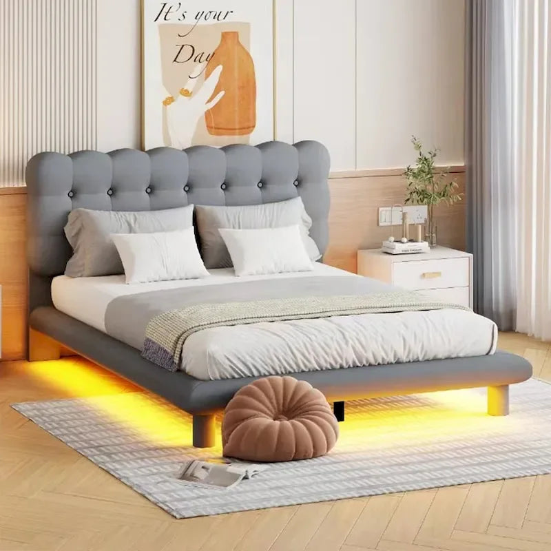 Cama Plataforma Queen Size de Terciopelo con Marco LED, Tela Gruesa y Suave y Cabecero con Diseño Capitaneado