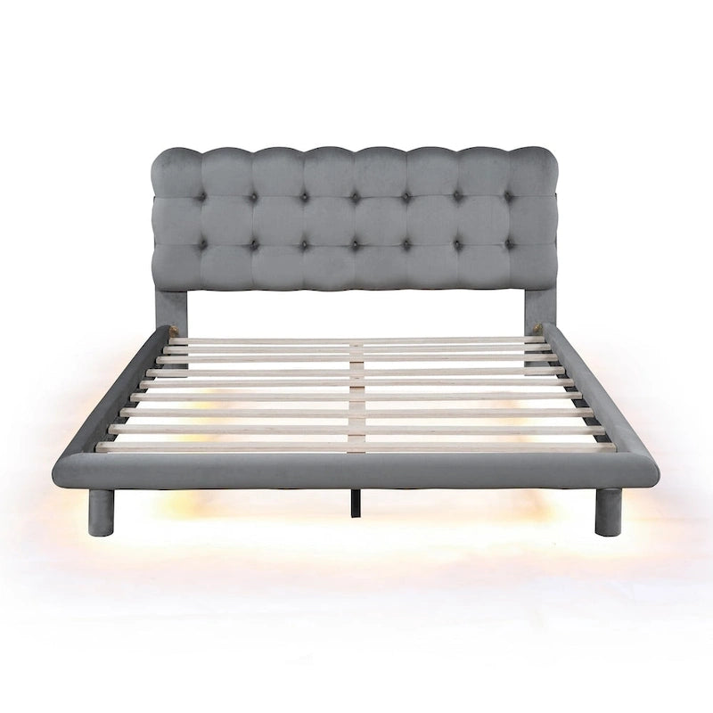 Cama Plataforma Queen Size de Terciopelo con Marco LED, Tela Gruesa y Suave y Cabecero con Diseño Capitaneado