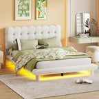 Cama Plataforma Queen Size de Terciopelo con Marco LED, Tela Gruesa y Suave y Cabecero con Diseño Capitaneado