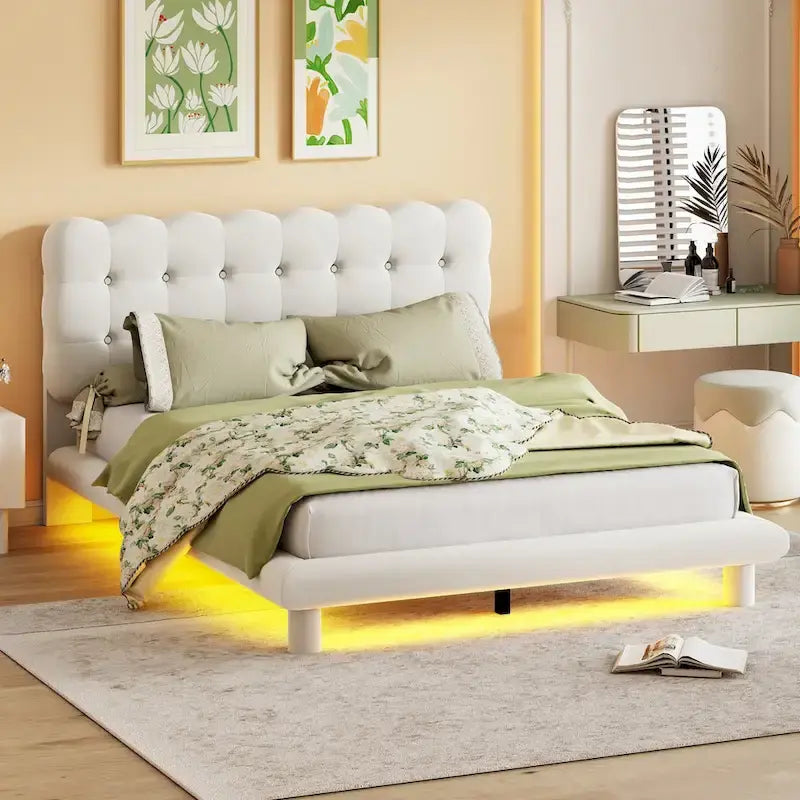 Cama Plataforma Queen Size de Terciopelo con Marco LED, Tela Gruesa y Suave y Cabecero con Diseño Capitaneado