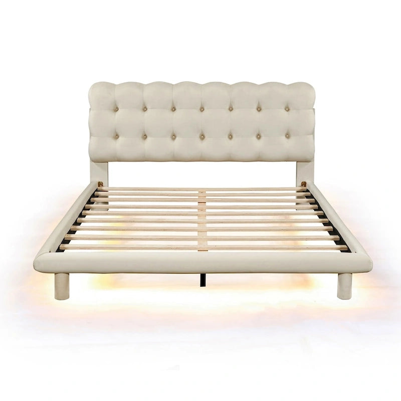Cama Plataforma Queen Size de Terciopelo con Marco LED, Tela Gruesa y Suave y Cabecero con Diseño Capitaneado