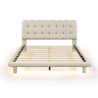 Cama Plataforma Queen Size de Terciopelo con Marco LED, Tela Gruesa y Suave y Cabecero con Diseño Capitaneado