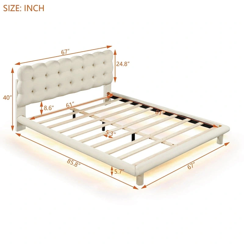 Cama Plataforma Queen Size de Terciopelo con Marco LED, Tela Gruesa y Suave y Cabecero con Diseño Capitaneado
