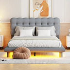 Cama Plataforma Queen Size de Terciopelo con Marco LED, Tela Gruesa y Suave y Cabecero con Diseño Capitaneado