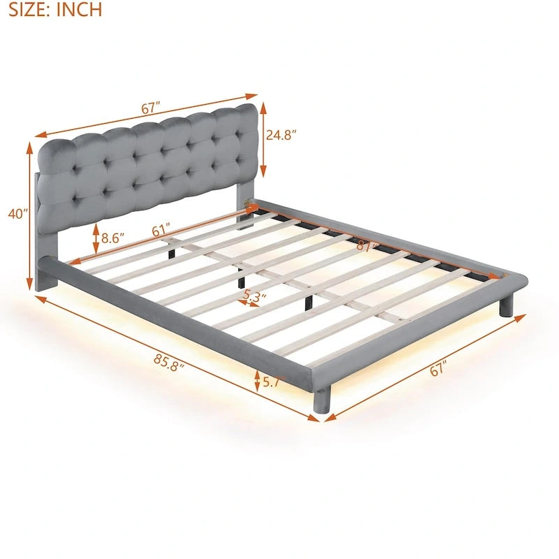 Cama Plataforma Queen Size de Terciopelo con Marco LED, Tela Gruesa y Suave y Cabecero con Diseño Capitaneado
