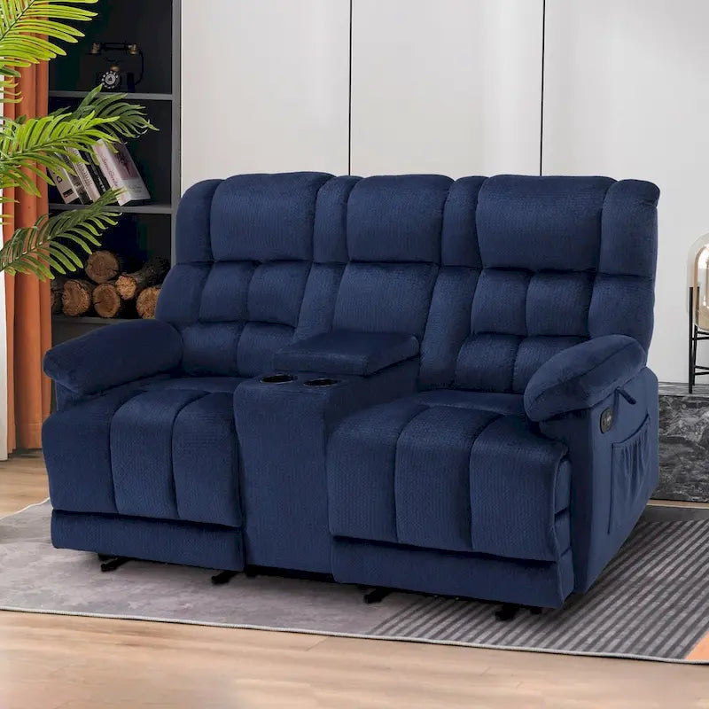 Sofá reclinable biplaza eléctrico con consola, vibración y calor, puertos de carga USB RS6234