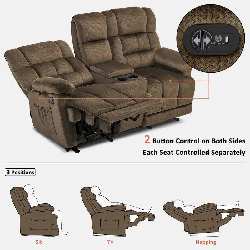 Sofá reclinable biplaza eléctrico con consola, vibración y calor, puertos de carga USB RS6234