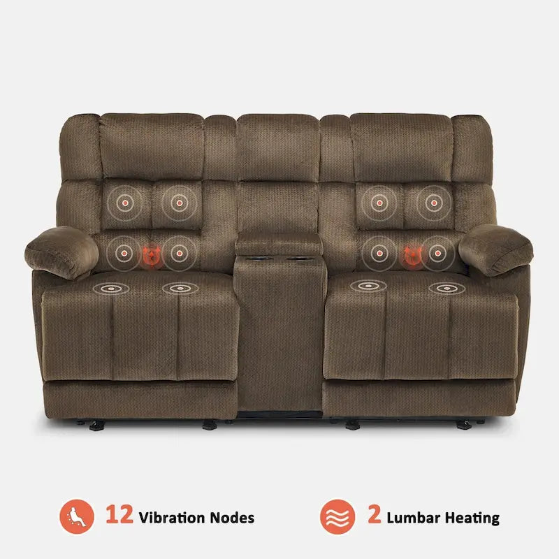 Sofá reclinable biplaza eléctrico con consola, vibración y calor, puertos de carga USB RS6234