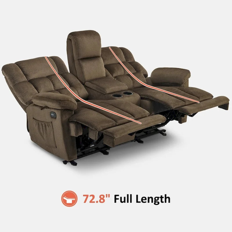 Sofá reclinable biplaza eléctrico con consola, vibración y calor, puertos de carga USB RS6234