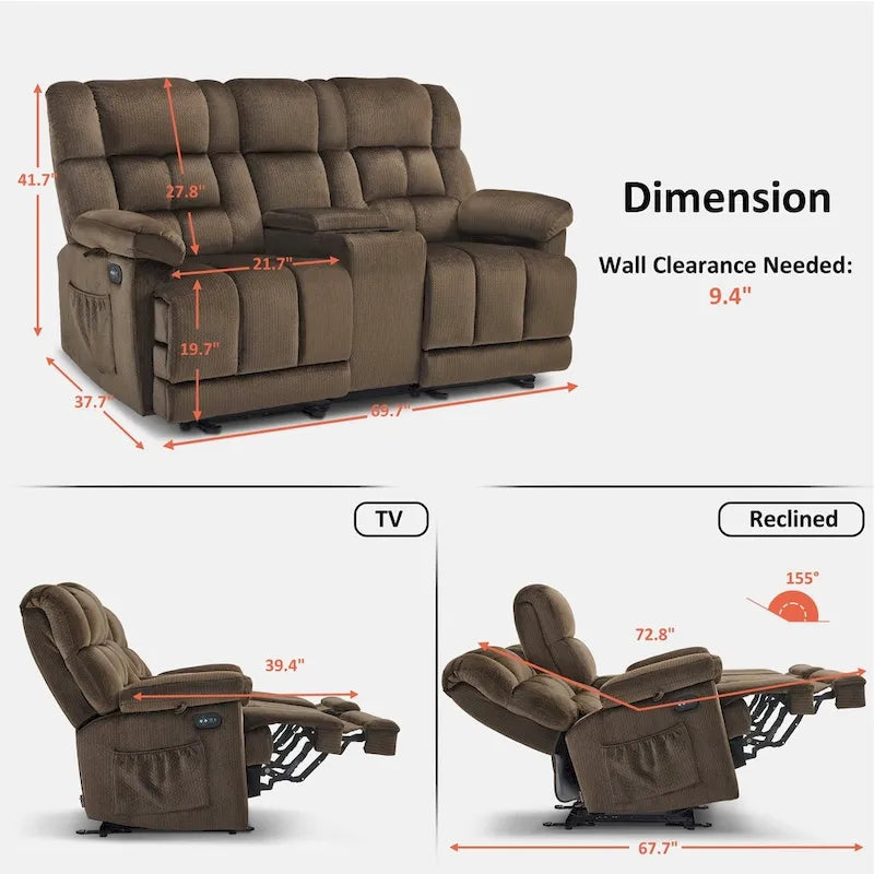 Sofá reclinable biplaza eléctrico con consola, vibración y calor, puertos de carga USB RS6234