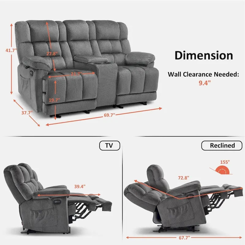 Sofá reclinable biplaza eléctrico con consola, vibración y calor, puertos de carga USB RS6234