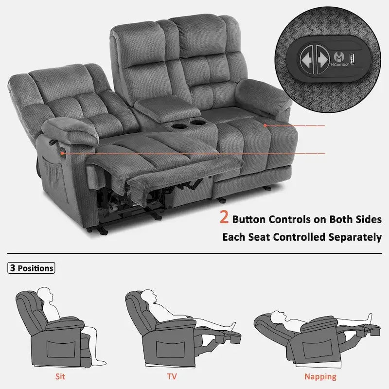 Sofá reclinable biplaza eléctrico con consola, vibración y calor, puertos de carga USB RS6234