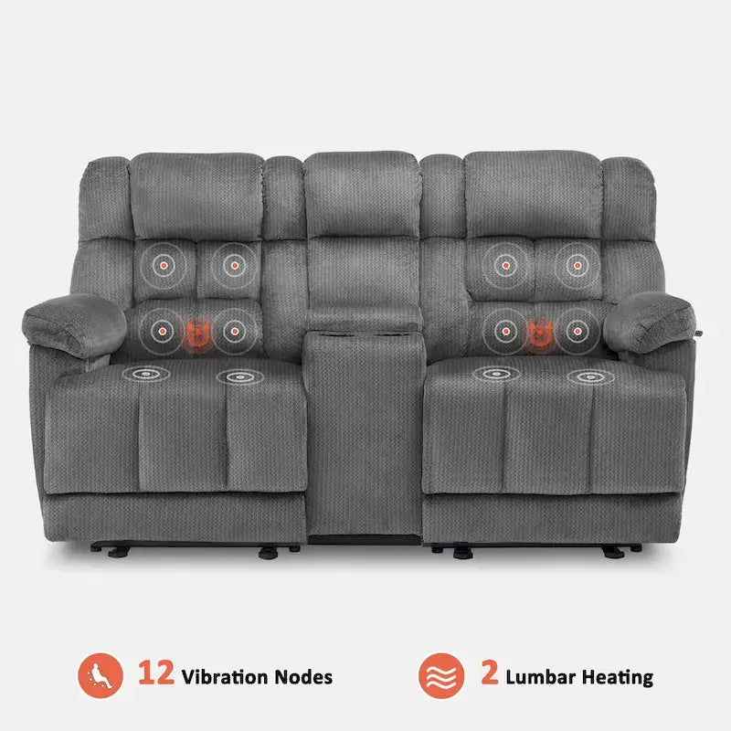 Sofá reclinable biplaza eléctrico con consola, vibración y calor, puertos de carga USB RS6234