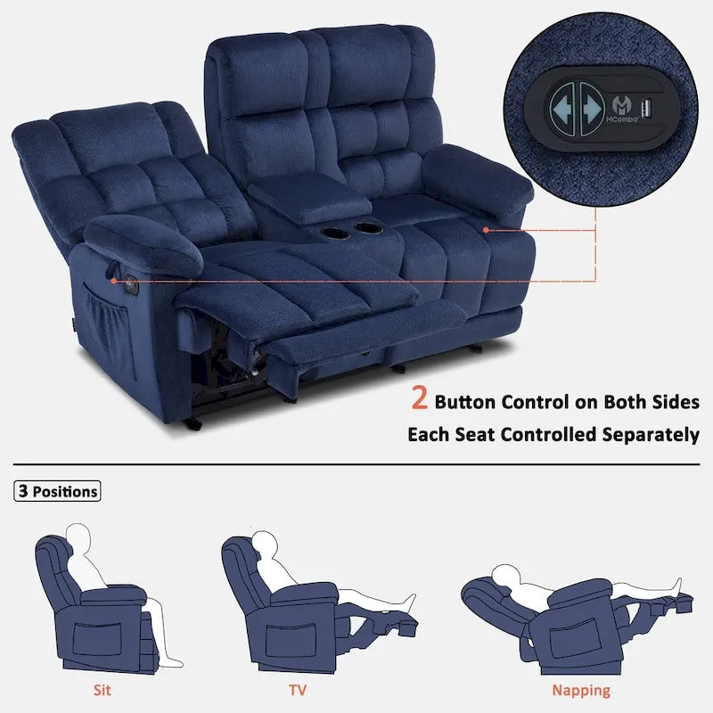 Sofá reclinable biplaza eléctrico con consola, vibración y calor, puertos de carga USB RS6234