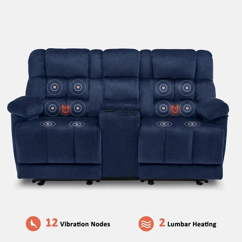 Sofá reclinable biplaza eléctrico con consola, vibración y calor, puertos de carga USB RS6234