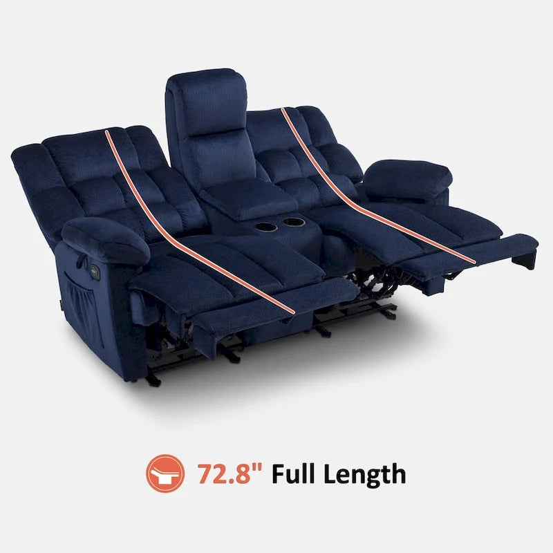 Sofá reclinable biplaza eléctrico con consola, vibración y calor, puertos de carga USB RS6234