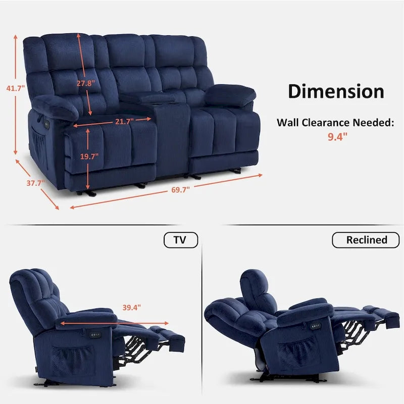 Sofá reclinable biplaza eléctrico con consola, vibración y calor, puertos de carga USB RS6234