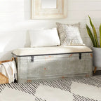 Banco de almacenamiento de metal galvanizado con tapa de arpillera color crema y pestillos negros - Gris