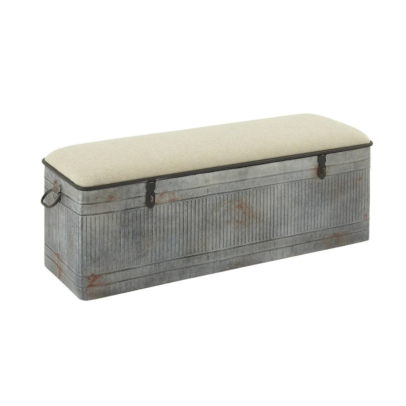 Banco de almacenamiento de metal galvanizado con tapa de arpillera color crema y pestillos negros - Gris
