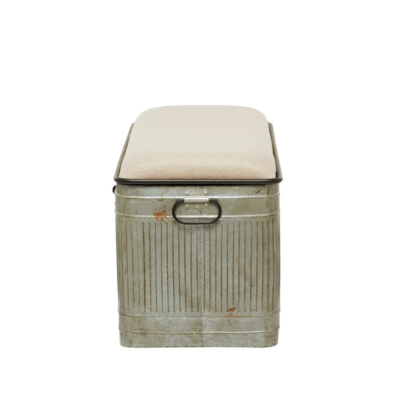 Banco de almacenamiento de metal galvanizado con tapa de arpillera color crema y pestillos negros - Gris