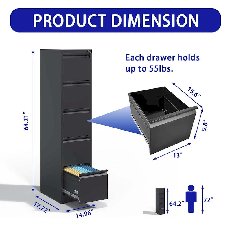 Archivador metálico vertical de 5 cajones con cerradura