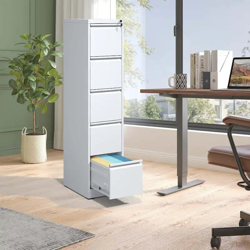 Archivador metálico vertical de 5 cajones con cerradura