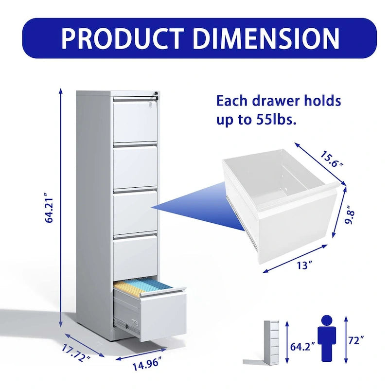 Archivador metálico vertical de 5 cajones con cerradura